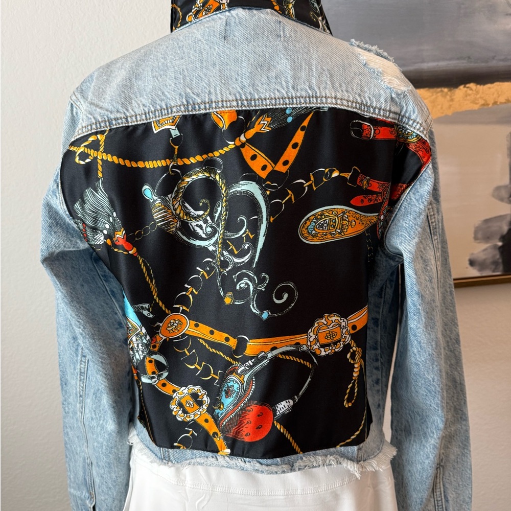 Denim Jacket with Black Printed Satin Back Panel - Picture 4 of 10